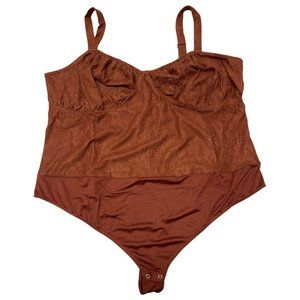 Danielle Bernstein Women's Plus Size 22W Warm Brown Lace Thong Bodysuit Top